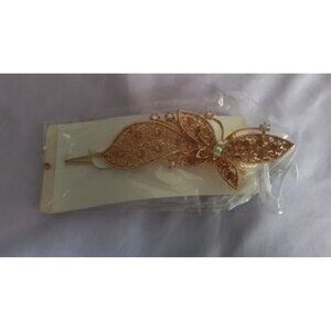 Gold Tone Filigree Butterfly Hair Clip Barrette With Rhinestone Accents